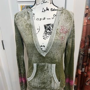 Ed Hardy Top Sweater Hoodie Tunic L Large Crystal Vneck Sexy Fitted Deep